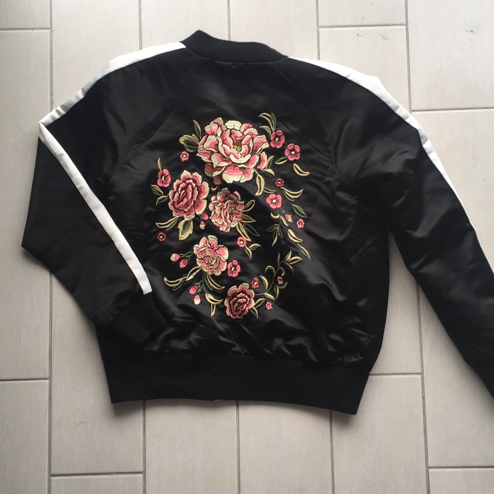 Flower Embroidered Bomber Jacket